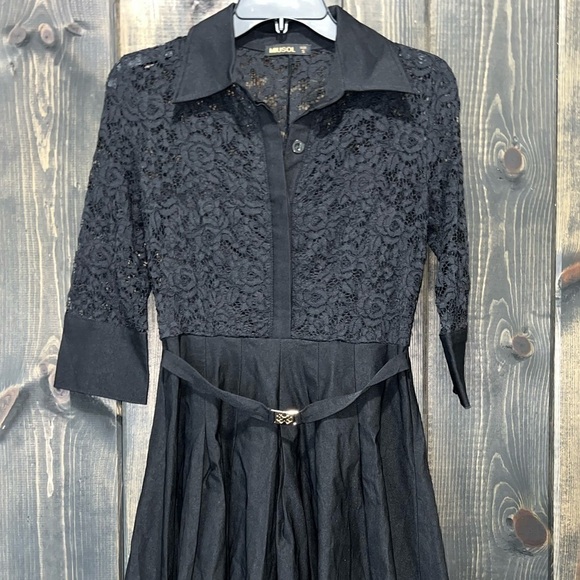 MIUSOL Lace Dress S Black Button Up Collar Belted Formal Boho Whimsigoth Witchy - Picture 2 of 11